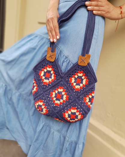 Cartera de hombro Verano Tejida a Crochet Azul/Sandia