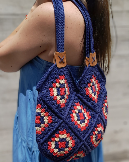 Cartera de hombro Verano Tejida a Crochet Azul/Sandia